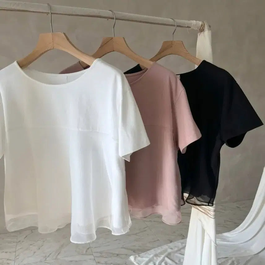 [BUNJANG] Feminine Layered Chiffon Peplum T-Shirt / 페미닌 레이어드 쉬폰 배색 페플럼 반팔 티셔츠ㅡ무배