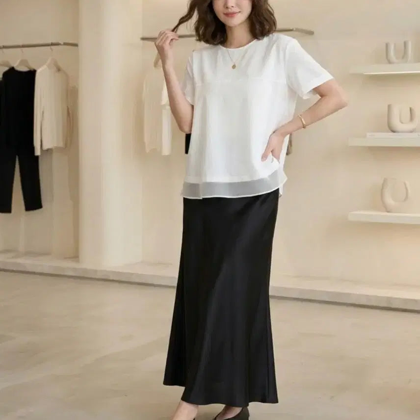 [BUNJANG] Feminine Layered Chiffon Peplum T-Shirt / 페미닌 레이어드 쉬폰 배색 페플럼 반팔 티셔츠ㅡ무배