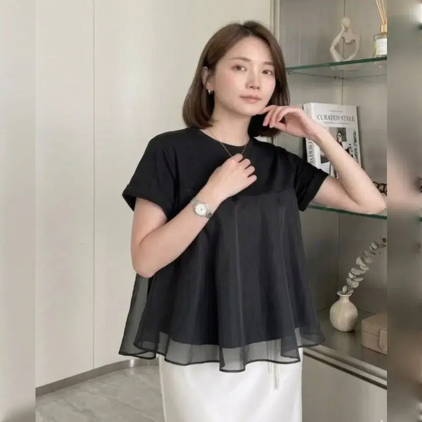 [BUNJANG] Feminine Layered Chiffon Peplum T-Shirt / 페미닌 레이어드 쉬폰 배색 페플럼 반팔 티셔츠ㅡ무배