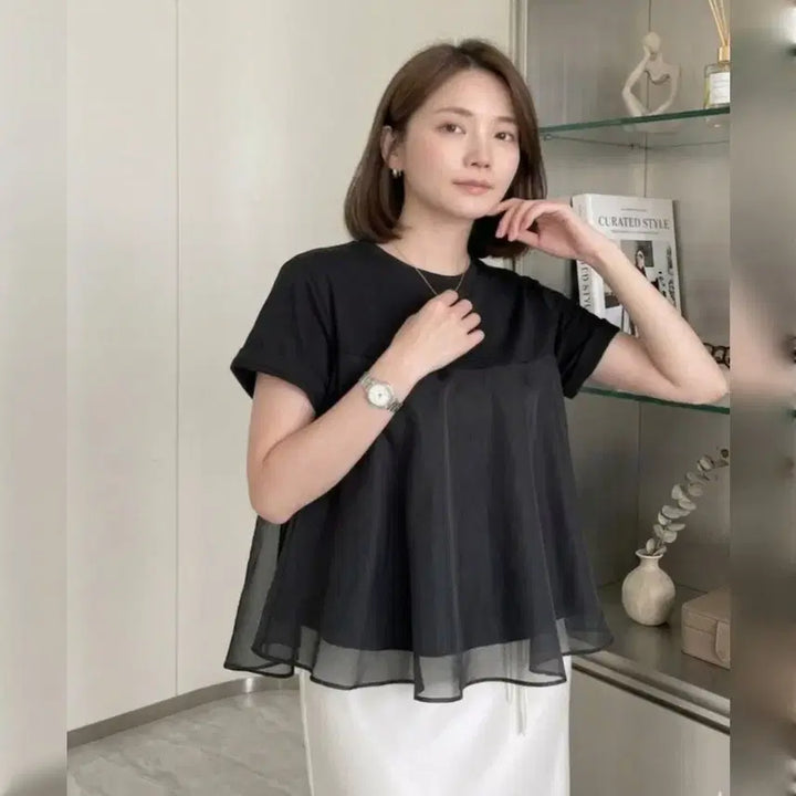 [BUNJANG] Feminine Layered Chiffon Peplum T-Shirt / 페미닌 레이어드 쉬폰 배색 페플럼 반팔 티셔츠ㅡ무배