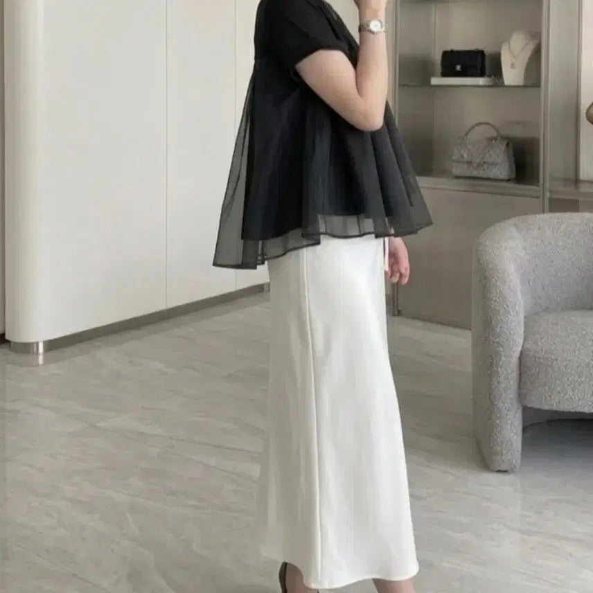 [BUNJANG] Feminine Layered Chiffon Peplum T-Shirt / 페미닌 레이어드 쉬폰 배색 페플럼 반팔 티셔츠ㅡ무배