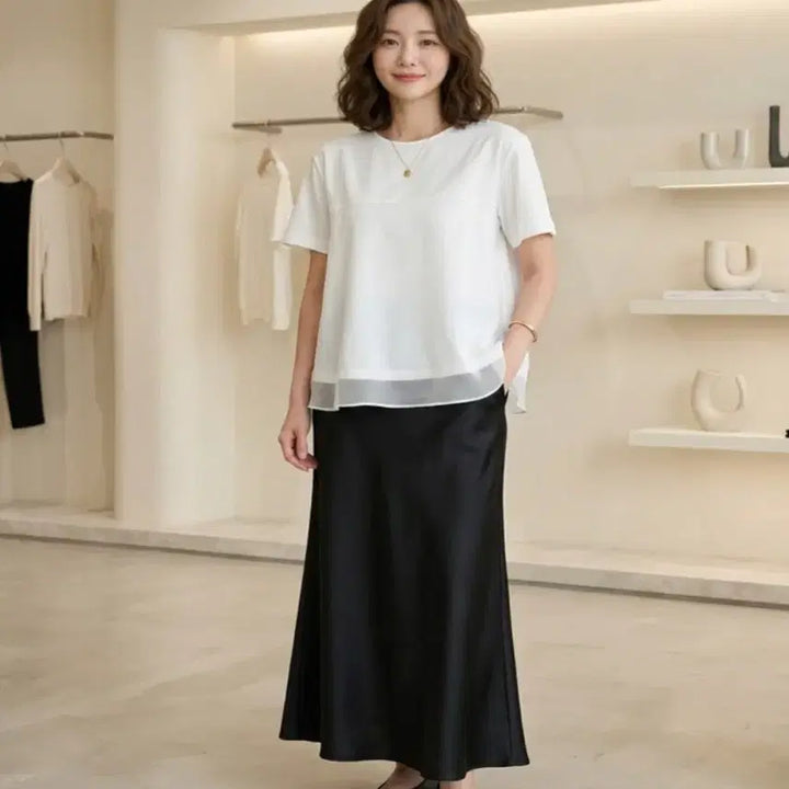 [BUNJANG] Feminine Layered Chiffon Peplum T-Shirt / 페미닌 레이어드 쉬폰 배색 페플럼 반팔 티셔츠ㅡ무배
