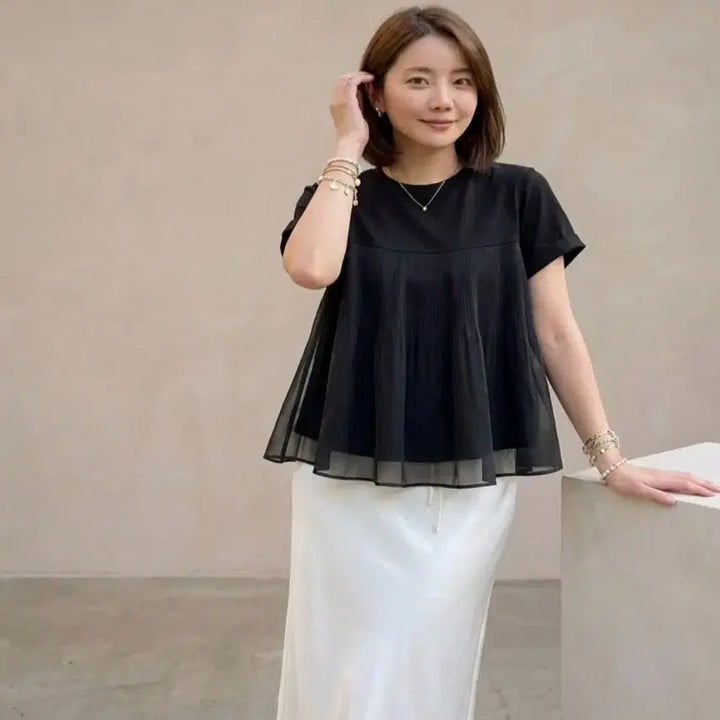 [BUNJANG] Feminine Layered Chiffon Peplum T-Shirt / 페미닌 레이어드 쉬폰 배색 페플럼 반팔 티셔츠ㅡ무배