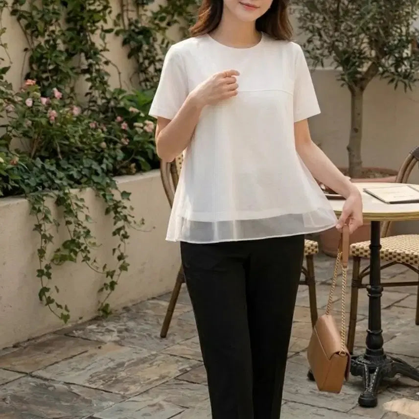 [BUNJANG] Feminine Layered Chiffon Peplum T-Shirt / 페미닌 레이어드 쉬폰 배색 페플럼 반팔 티셔츠ㅡ무배