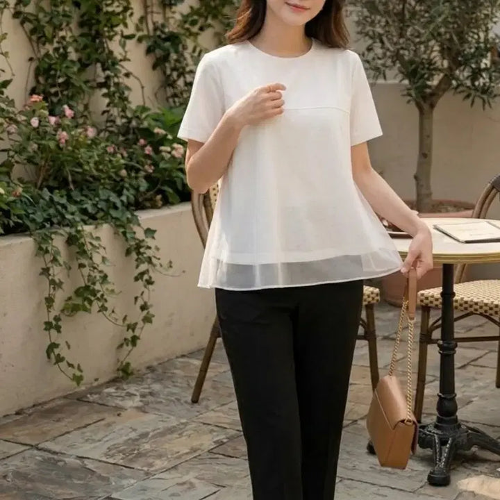 [BUNJANG] Feminine Layered Chiffon Peplum T-Shirt / 페미닌 레이어드 쉬폰 배색 페플럼 반팔 티셔츠ㅡ무배