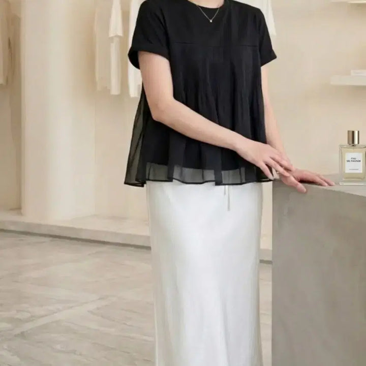 [BUNJANG] Feminine Layered Chiffon Peplum T-Shirt / 페미닌 레이어드 쉬폰 배색 페플럼 반팔 티셔츠ㅡ무배