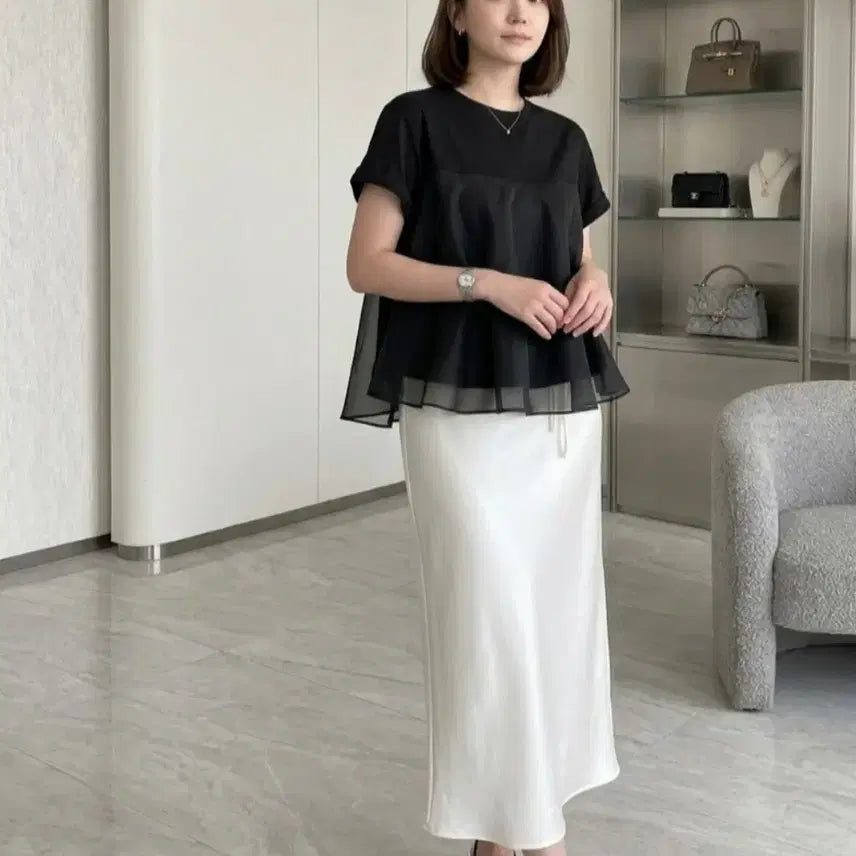 [BUNJANG] Feminine Layered Chiffon Peplum T-Shirt / 페미닌 레이어드 쉬폰 배색 페플럼 반팔 티셔츠ㅡ무배