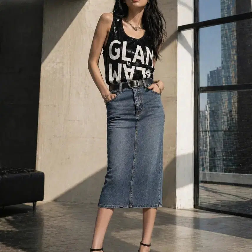 [BUNJANG] GGPX Genuine Sequin Lettering Long Sleeveless T-Shirt / [GGPX] 정품 글램 시퀸 레터링 롱 민소매 티셔츠