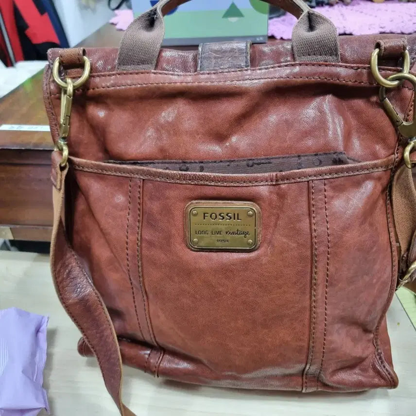 [BUNJANG] Fossil Vintage Leather Tote Crossbody Bag / 파슬 빈티지.가죽 빅 토드겸 크로스 가방
