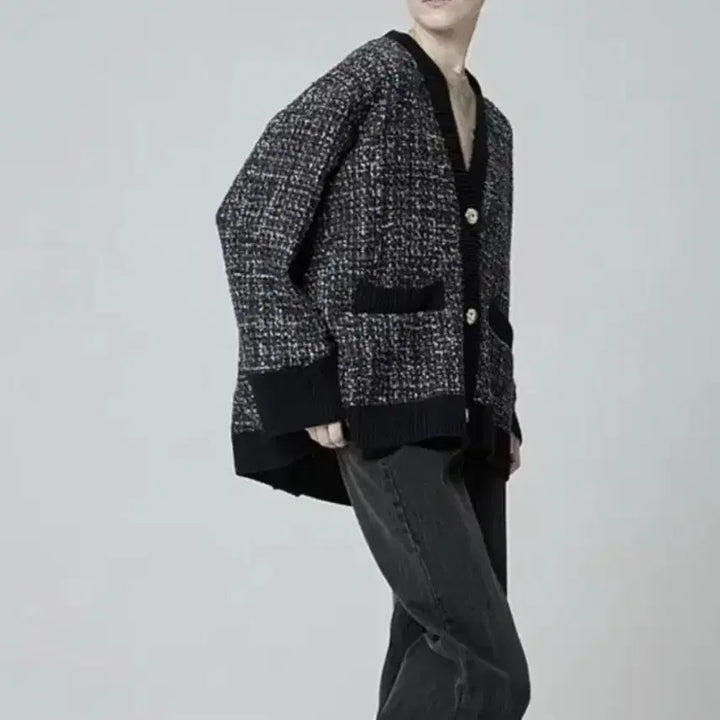 [BUNJANG] System 2021 Pattern Color-Block V-Neck Cardigan / 한섬 시스템 2021 패턴 배색 브이넥 가디건  F사이즈