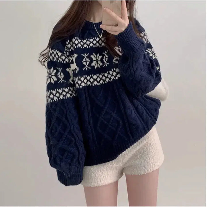 [BUNJANG] Loose Fit Nordic Cable Knit Sweater / 루즈핏 노르딕 꽈배기 니트