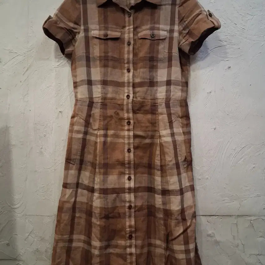 [BUNJANG] Beanpole Brown Check Linen Shirt Dress / 빈폴 브라운 체크 마셔츠 원피스