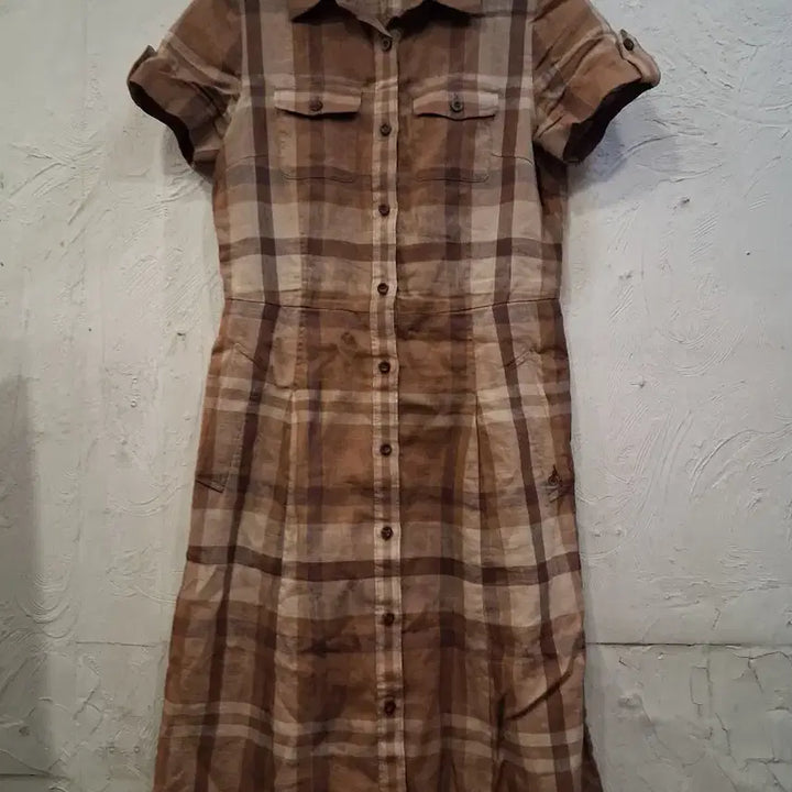 [BUNJANG] Beanpole Brown Check Linen Shirt Dress / 빈폴 브라운 체크 마셔츠 원피스
