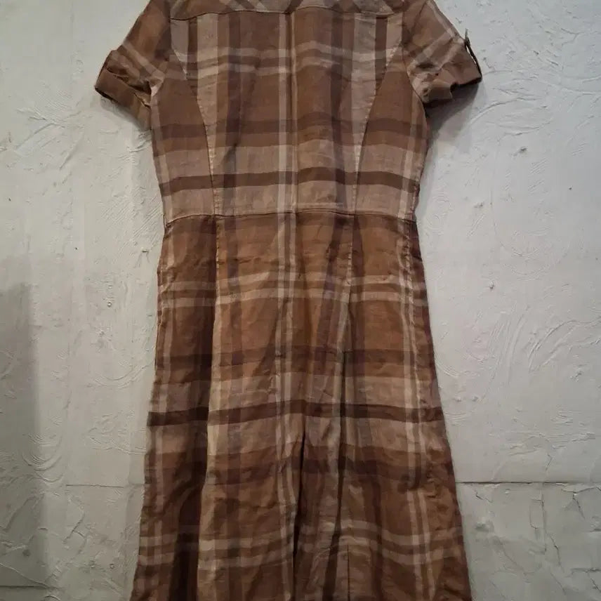 [BUNJANG] Beanpole Brown Check Linen Shirt Dress / 빈폴 브라운 체크 마셔츠 원피스