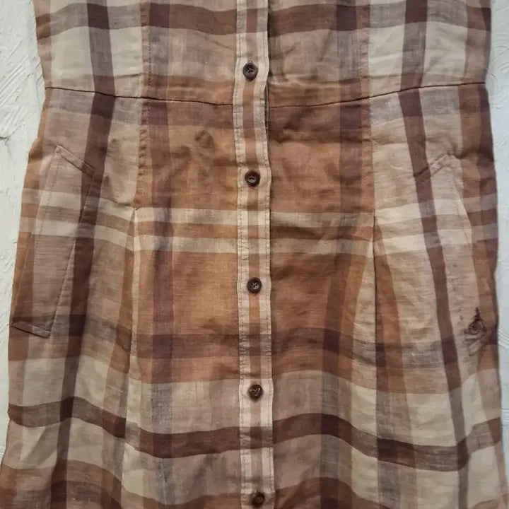 [BUNJANG] Beanpole Brown Check Linen Shirt Dress / 빈폴 브라운 체크 마셔츠 원피스