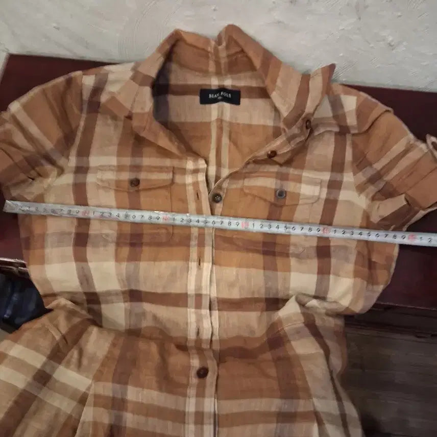 [BUNJANG] Beanpole Brown Check Linen Shirt Dress / 빈폴 브라운 체크 마셔츠 원피스
