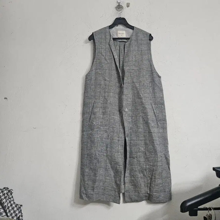 [BUNJANG] Olivia Lauren 100% Linen Check Long Vest / 올리비아로렌마100%린넨 체크 롱 조끼 베스트