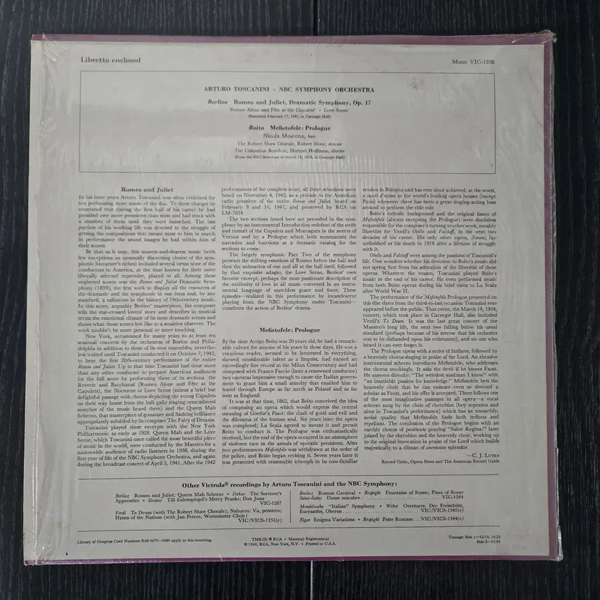 [BUNJANG] Arturo Toscanini NBC Symphony Orchestra LP Vinyl Record / Arturo Toscanini Conductor NBC Symphony