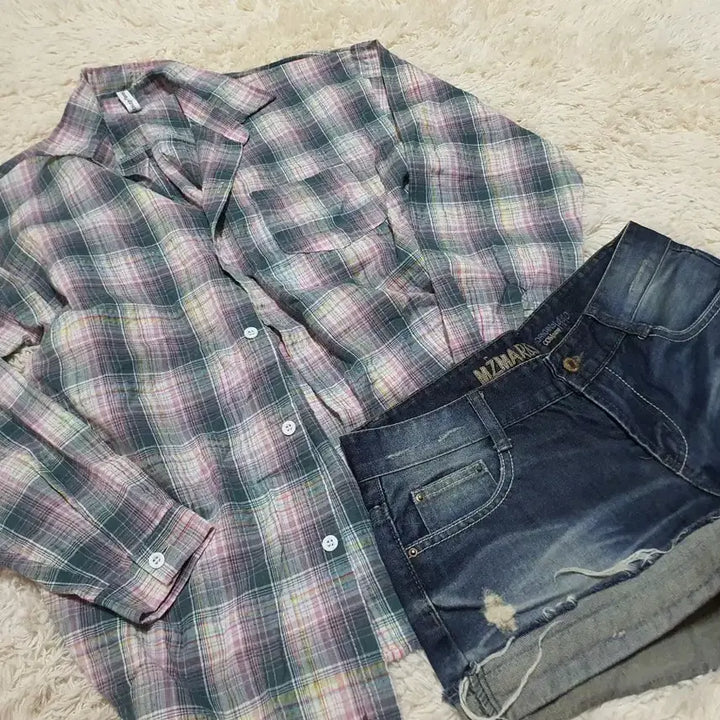 [BUNJANG] IU Style Checkered Shirt and Denim Shorts Set / 아이유 스타일/일괄가격/여름에 입기 좋은 체크 셔츠와 데님 숏팬츠 세트예