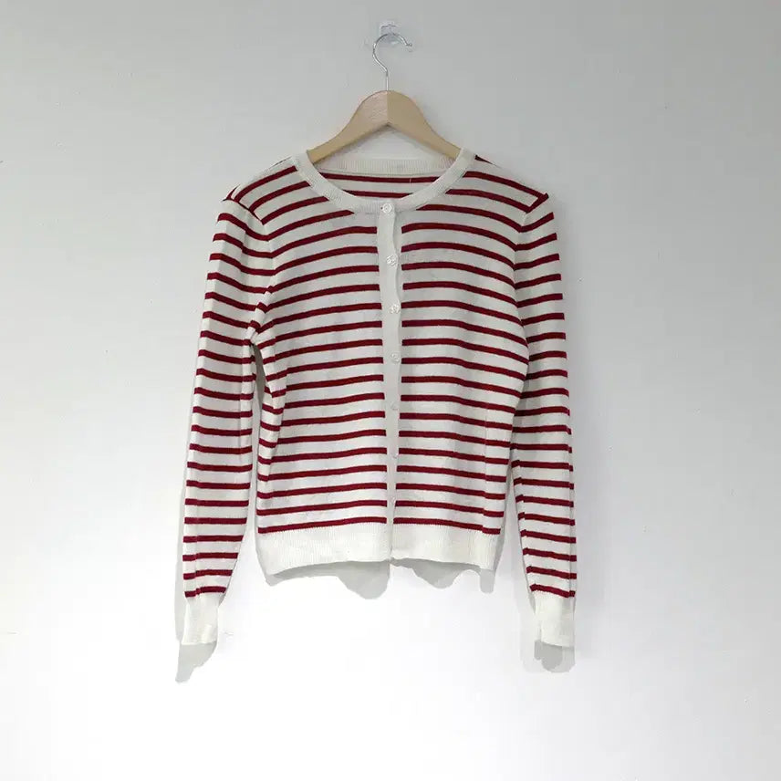 [BUNJANG] Striped Red Knit Cardigan / 라운드 줄무늬 레드 긴팔 니트 가디건