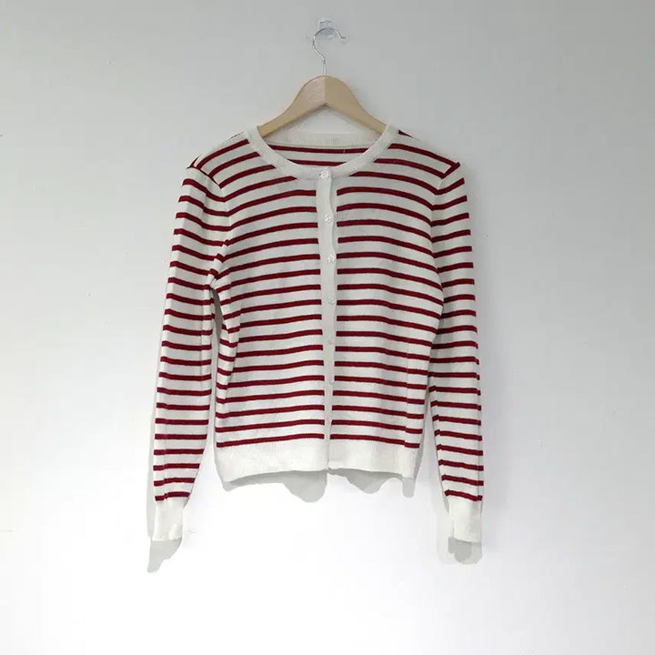 [BUNJANG] Striped Red Knit Cardigan / 라운드 줄무늬 레드 긴팔 니트 가디건