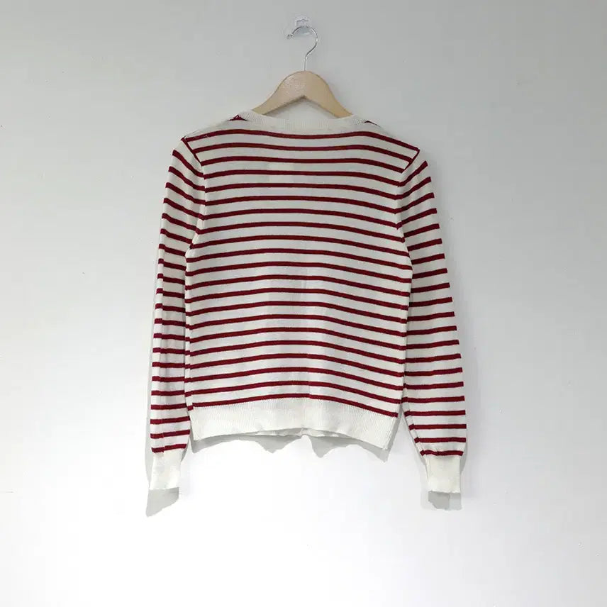[BUNJANG] Striped Red Knit Cardigan / 라운드 줄무늬 레드 긴팔 니트 가디건