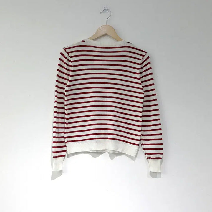 [BUNJANG] Striped Red Knit Cardigan / 라운드 줄무늬 레드 긴팔 니트 가디건