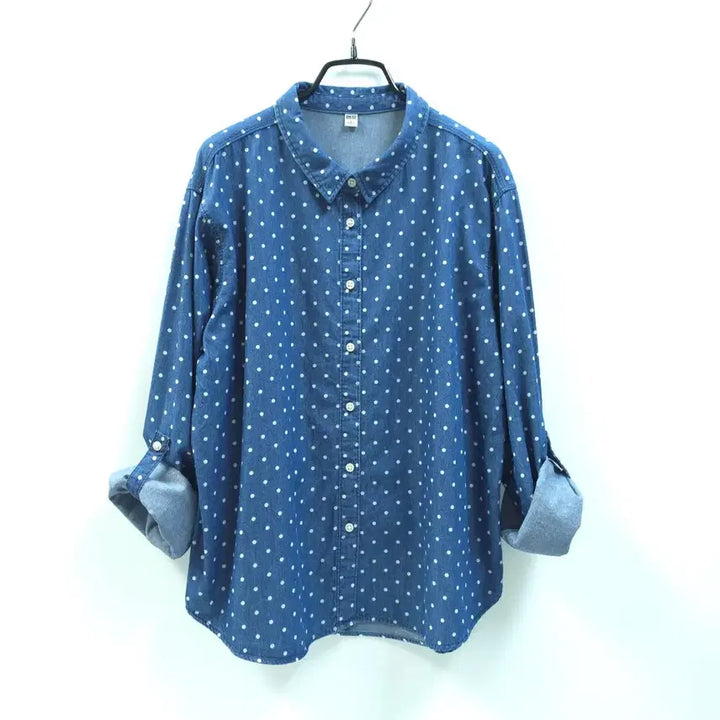 [BUNJANG] UNIQLO Japan Dot Denim Shirt Blouse / UNIQLO 유니클로 재팬 롤업소매 도트 데님셔츠 블라우스 C525