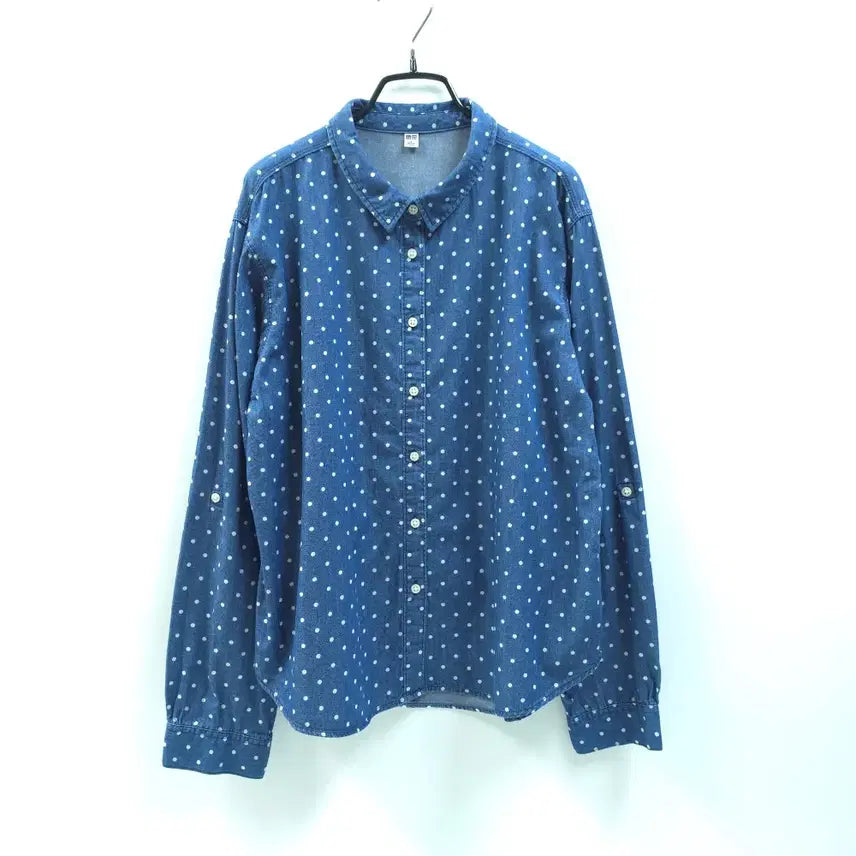 [BUNJANG] UNIQLO Japan Dot Denim Shirt Blouse / UNIQLO 유니클로 재팬 롤업소매 도트 데님셔츠 블라우스 C525