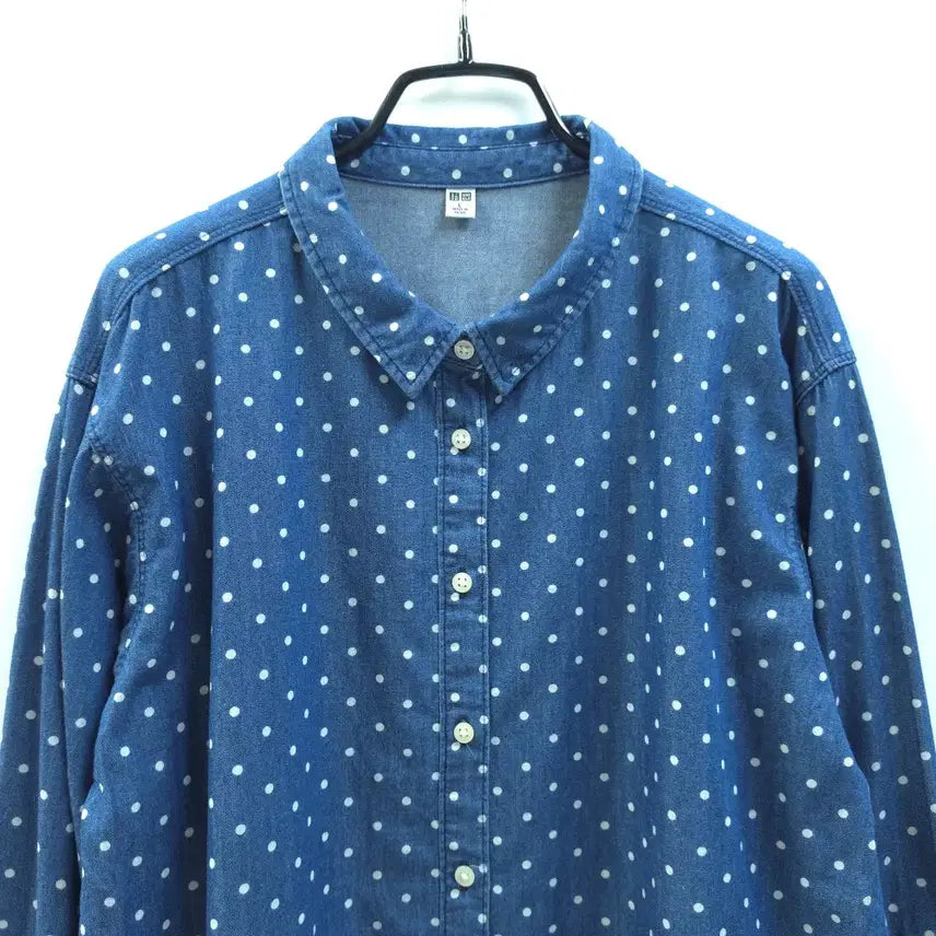 [BUNJANG] UNIQLO Japan Dot Denim Shirt Blouse / UNIQLO 유니클로 재팬 롤업소매 도트 데님셔츠 블라우스 C525