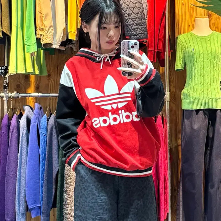 [BUNJANG] Adidas Big Logo Color Block Red Hoodie (Size M) / M 아디다스 빅로고 배색 레드 후드티