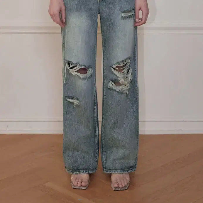 [BUNJANG] Bohemian Seoul Highlight Damage Wide Pants - Blue / 보헤미안서울 HIGHLIGHT DAMAGE WIDE PANTS, BLUE