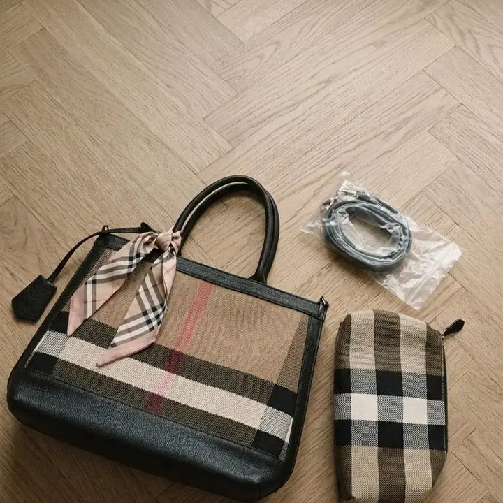 [BUNJANG] Checkered Canvas Tote Bag &amp; Pouch Set / 체크 캔버스 토트백 &amp; 파우치 세트