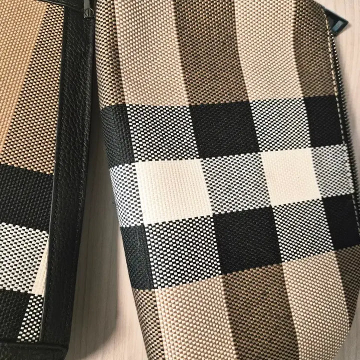 [BUNJANG] Checkered Canvas Tote Bag &amp; Pouch Set / 체크 캔버스 토트백 &amp; 파우치 세트