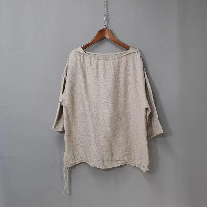 [BUNJANG] Beige Ribbed Hem String Oversized 3/4 Sleeve Blouse / 베이지 잔골지 밑단 스트링 오버핏 7부 소매 블라우스