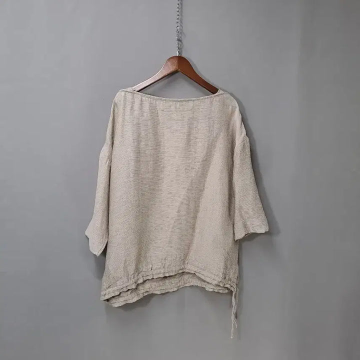 [BUNJANG] Beige Ribbed Hem String Oversized 3/4 Sleeve Blouse / 베이지 잔골지 밑단 스트링 오버핏 7부 소매 블라우스