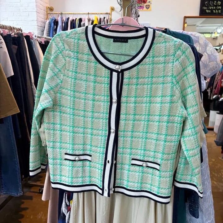 [BUNJANG] Sisley Mint Check Tweed Cardigan / 시슬리 민트 체크 트위드 가디건