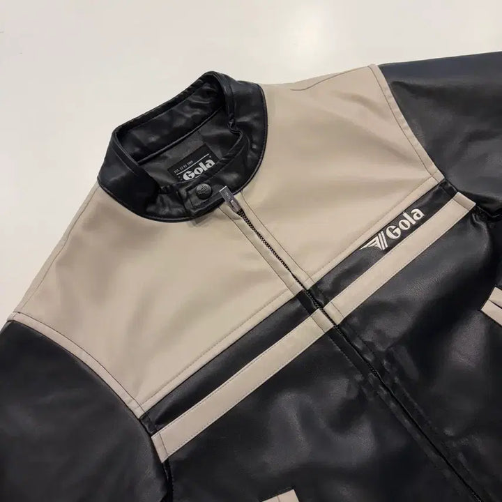 [BUNJANG] Gola Black/Ivory Leather Jacket / [S] 골라 Gola 블랙/아이보리 배색 가죽 자켓 새상품