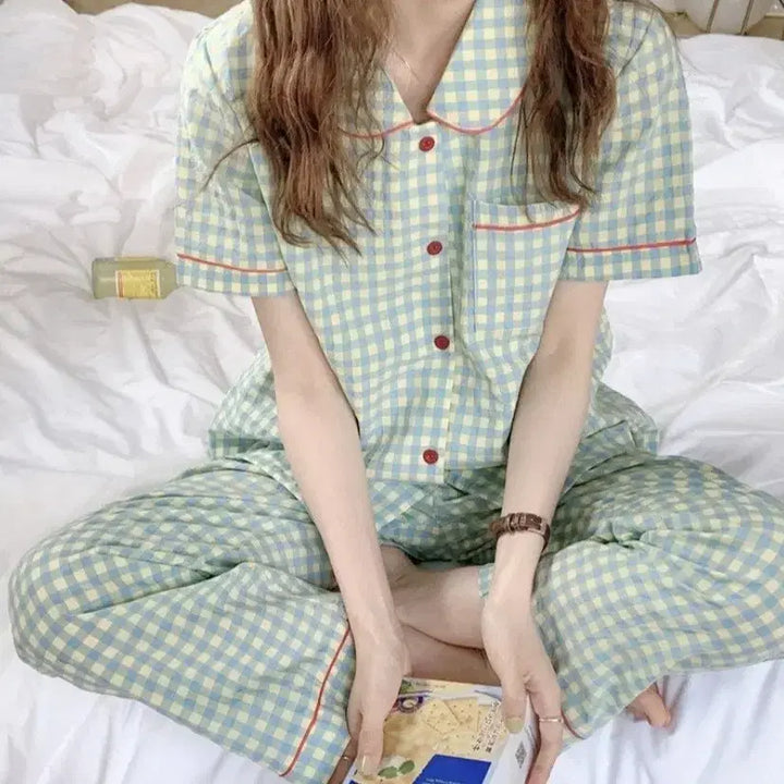 [BUNJANG] Mint Check Pajama Set / 민트 체크 3종세트 잠옷