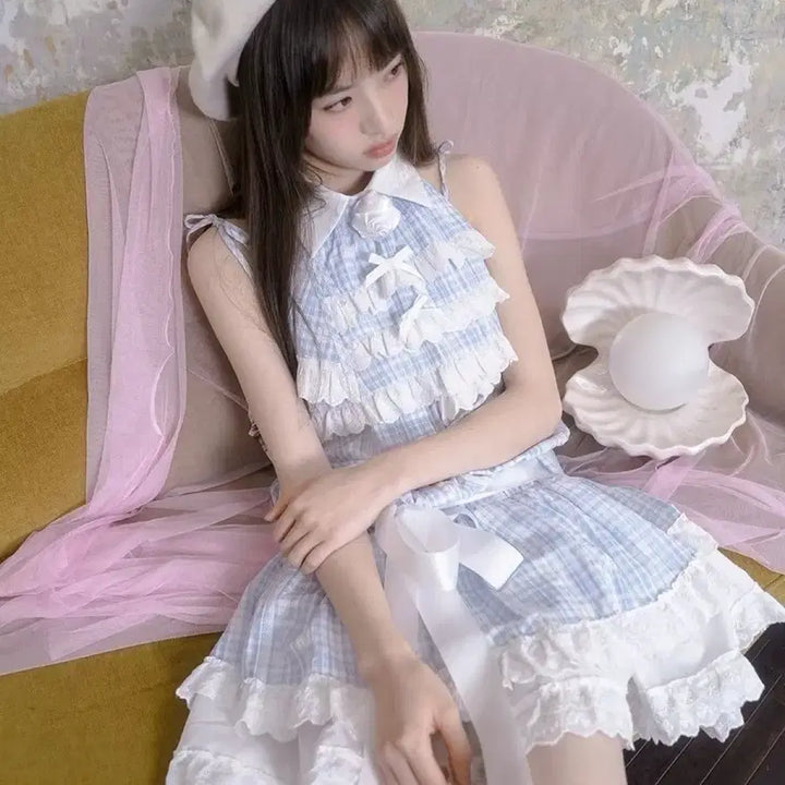 [BUNJANG] Checkered Lolita Lace Frill Dress / 양산형 체크 원피스 블루 레이디 로리타 레이스 프릴 드레스