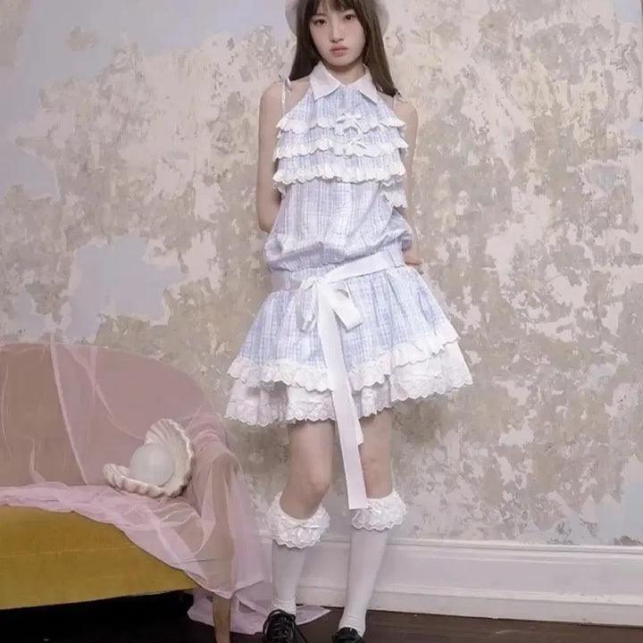 [BUNJANG] Checkered Lolita Lace Frill Dress / 양산형 체크 원피스 블루 레이디 로리타 레이스 프릴 드레스