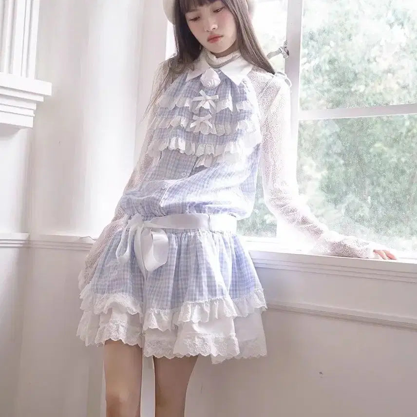 [BUNJANG] Checkered Lolita Lace Frill Dress / 양산형 체크 원피스 블루 레이디 로리타 레이스 프릴 드레스