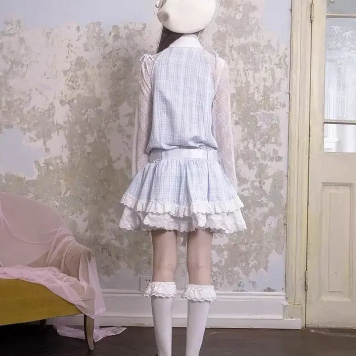 [BUNJANG] Checkered Lolita Lace Frill Dress / 양산형 체크 원피스 블루 레이디 로리타 레이스 프릴 드레스
