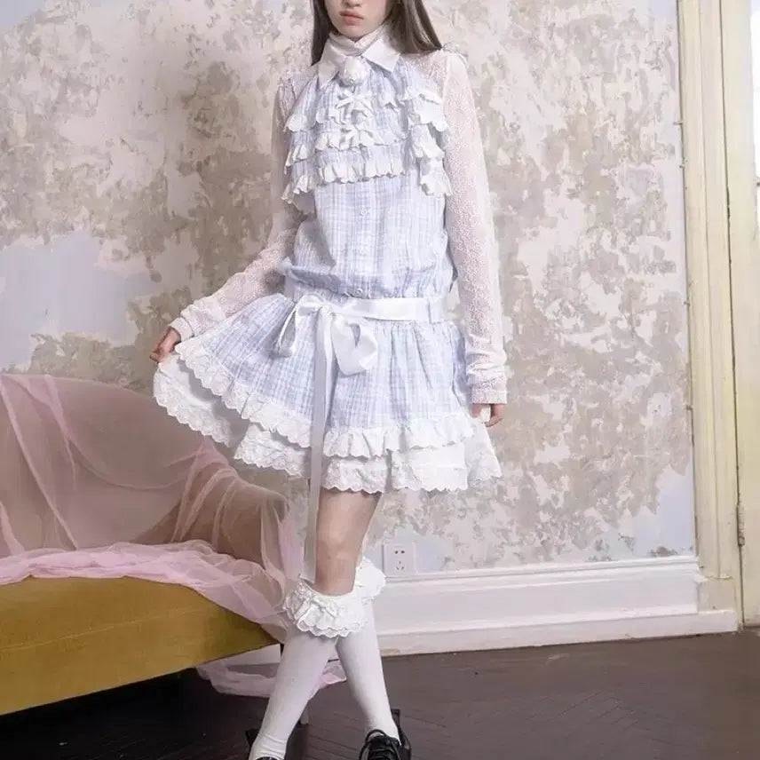 [BUNJANG] Checkered Lolita Lace Frill Dress / 양산형 체크 원피스 블루 레이디 로리타 레이스 프릴 드레스