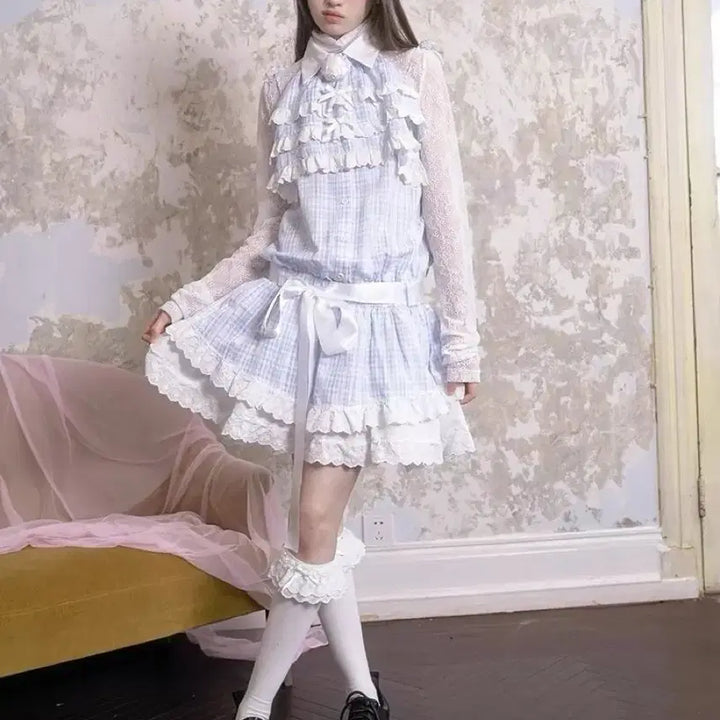 [BUNJANG] Checkered Lolita Lace Frill Dress / 양산형 체크 원피스 블루 레이디 로리타 레이스 프릴 드레스