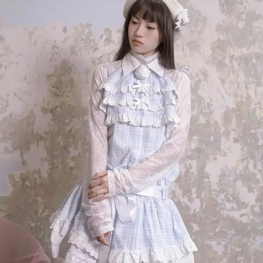 [BUNJANG] Checkered Lolita Lace Frill Dress / 양산형 체크 원피스 블루 레이디 로리타 레이스 프릴 드레스