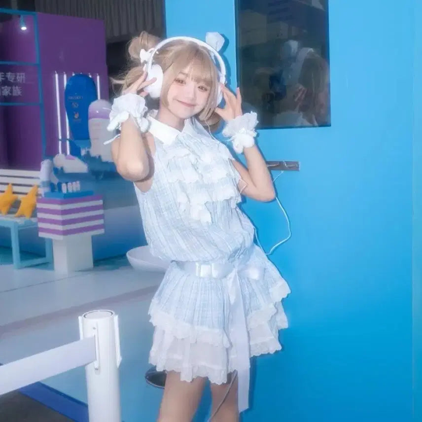 [BUNJANG] Checkered Lolita Lace Frill Dress / 양산형 체크 원피스 블루 레이디 로리타 레이스 프릴 드레스