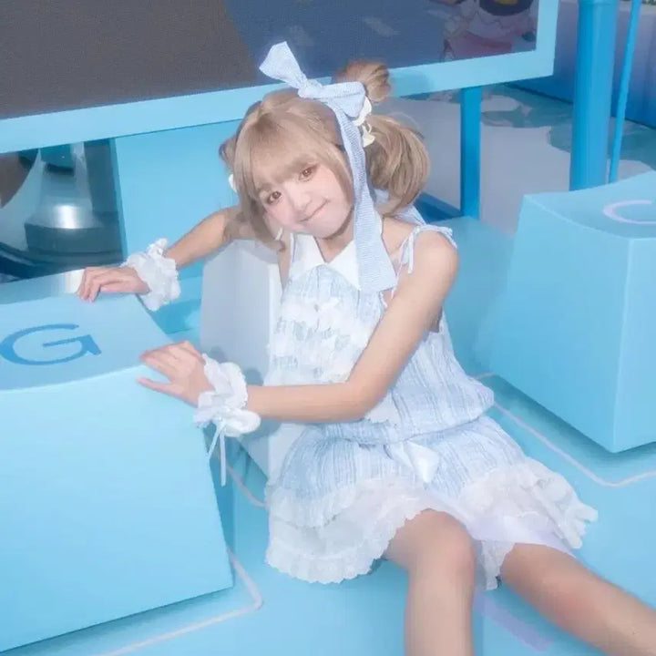 [BUNJANG] Checkered Lolita Lace Frill Dress / 양산형 체크 원피스 블루 레이디 로리타 레이스 프릴 드레스