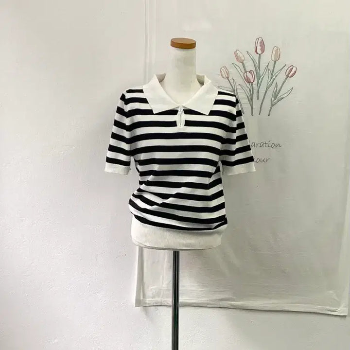[BUNJANG] 8 Seconds Striped Collar Short Sleeve Knit Top / 에잇세컨즈 스트라이프  카라 반팔 니트161