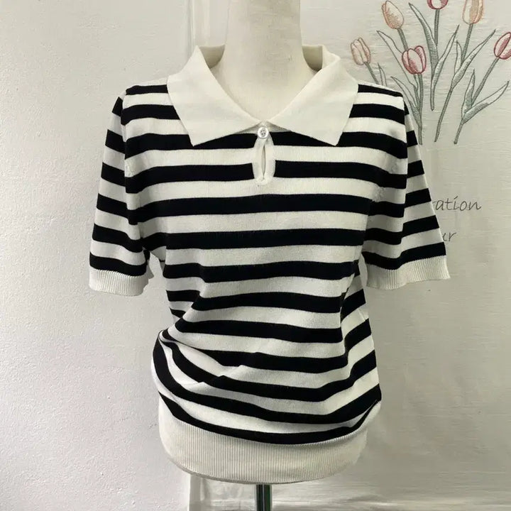 [BUNJANG] 8 Seconds Striped Collar Short Sleeve Knit Top / 에잇세컨즈 스트라이프  카라 반팔 니트161